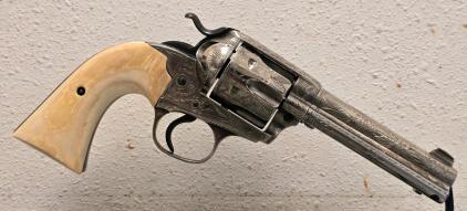 Colt SAA Bisley Revolver, .44-40 Chambering, Nickel, Period Hand Engraved, Ivory Grips, Inscribed Etchings