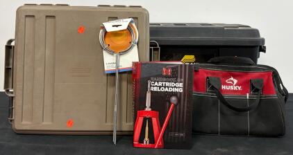 MTM & Plano Storage Trunks, Husky Tool Bag, Hornady Reloading Manual, Birchwood Casey Clay Holders (Location 9)