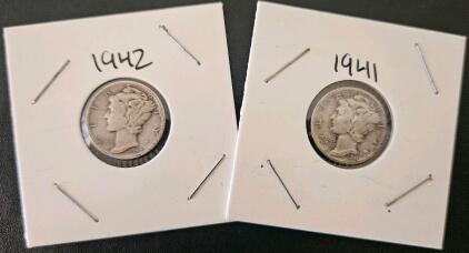 1941-S And 1942-S Mercury Dimes, 90% Silver, San Francisco Mint, Circulated Condition
