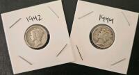 1942 & 1944 U.S. Mercury Dimes, 90% Silver, Circulated XF-VF