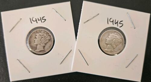 1945 Mercury Dimes, 90% Silver, San Francisco Mint, Circulated Condition
