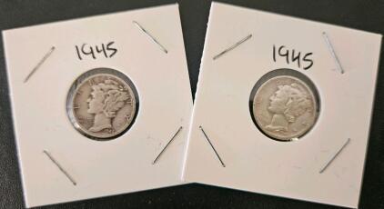 1945 Mercury Dimes, 90% Silver, San Francisco Mint, Circulated Condition
