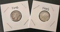 1945 Mercury Dimes, 90% Silver, San Francisco Mint, Circulated Condition