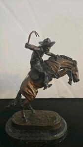 Frederic Remington Signed Bronze Sculpture "The Bronco Buster" Cowboy On Bucking Horse, Marble Base