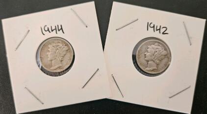 Mercury Dimes 1942 & 1944 US Silver 10&cent; Coins, 90% Silver, Circulated, Winged Liberty Head