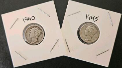 1940 & 1945 Mercury Dimes - 90% Silver 10&cent; Coins, Circulated, Set Of 2, Cardboard Holders