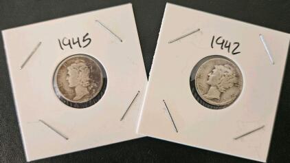 1942 & 1945 Mercury Dimes &ndash; 90% Silver, Designed By Adolph A. Weinman