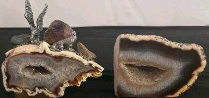 Agate Geode Bookends With Metal Bird Sculpture, Crystal Core, And Mixed Minerals, 6" Tall