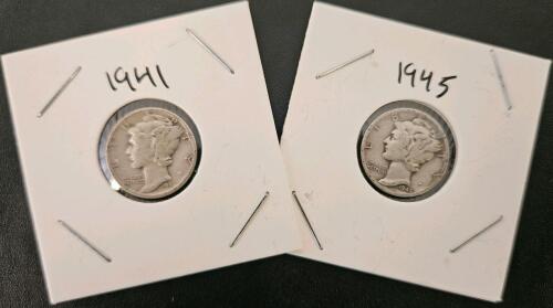 1941 & 1945 Mercury Dimes &ndash; 90% Silver, Circulated Condition