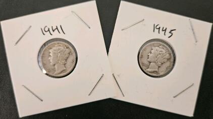 1941 & 1945 Mercury Dimes &ndash; 90% Silver, Circulated Condition