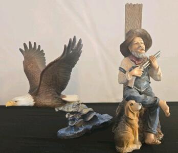 Bald Eagle Figurine, Resin, 10" Statue With Rock Base & BWS 1993 Hunter With Dog Figurine
