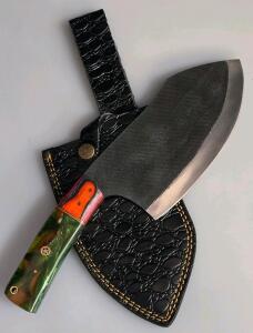 Custom Cleaver Knife, Hybrid Resin & Wood Handle, 7.5" Carbon Steel Blade, Sheath Included