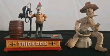 Vintage Cast Iron Trick Dog Mechanical Bank & Short Craft Prospector Figurine, Signed