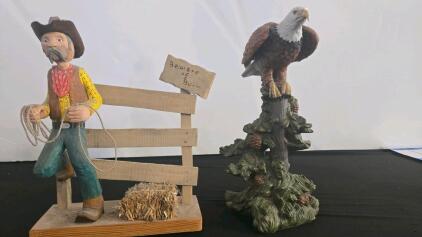 Bald Eagle Resin Figurine 13" Multicolor & Cowboy Wood Sculpture Set Fence Hay Bale Western Decor