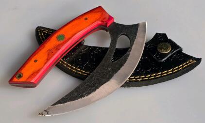 Handmade Ulu Knife, Forged Steel Blade, Red Wood Handle, Mosaic Pin, 6" Edge