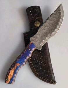 Custom Damascus Fixed-Blade Knife, Colored Wood Handle, Leather Sheath, Drop Point Blade 10"