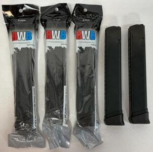 (5) RWB 9MM 33-Round Extended Magazine For Glock Pistols, Polymer, Black, Korean Made