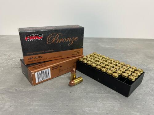 PMC Bronze 380 Auto 90 Grain FMJ Ammo, Box Of 50, Lot 8004-01, 961 Fps, Brass Case ( 2 boxes)