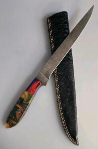 Custom Fixed-Blade Knife, 8.5" Damascus Blade, Multicolor Resin Handle, Leather Sheath, Mosaic Pin