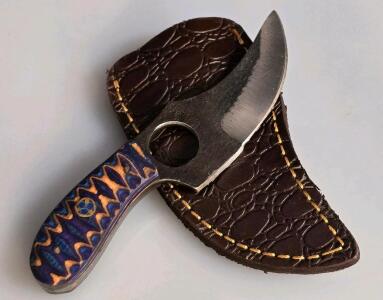 Custom Skinning Knife With Resin-Stabilized Handle And Tooled Leather Sheath