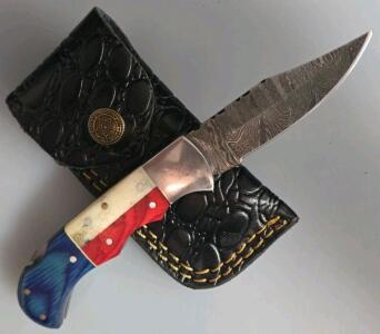 Damascus Steel Folding Knife With Multicolor Handle And Leather Sheath