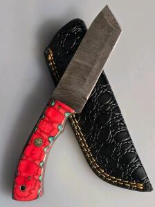 Custom Damascus Steel Tanto Knife With Multi-Color Handle And Leather Sheath