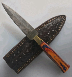 Custom Damascus Steel Fixed-Blade Knife, Dyed Wood Handle, Brass Guard, Leather Sheath
