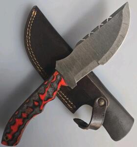 Custom Damascus Blade Fixed Knife, 5" Drop Point, Red/Black G10 Handle, Leather Sheath