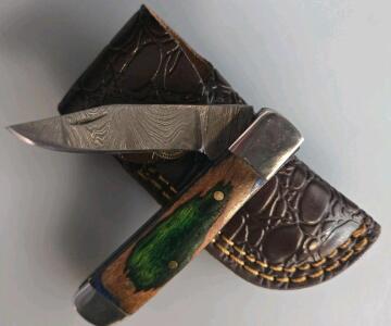 Damascus Folding Pocket Knife With Multicolor Wood Handle And Leather Sheath