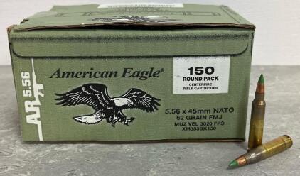 American Eagle XM855 5.56x45MM NATO 62Gr FMJ Green Tip 150 Round Box, 3020 FPS, Brass Case