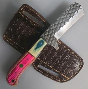 Custom Hammer-Forged Mini Cleaver Knife, Dyed Wood Handle, Mosaic Pin, Leather Sheath, 9" OAL