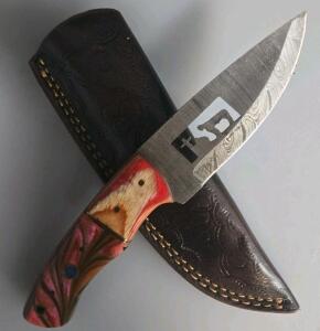 Damascus Steel Fixed Blade Knife, Custom Resin Handle, Drop Point, Leather Sheath, Decorative Pins