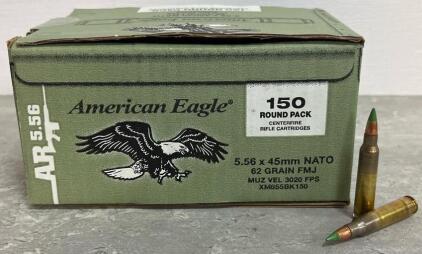 American Eagle XM855 5.56x45MM NATO 62Gr FMJ Green Tip 150 Round Box, 3020 FPS, Brass Case