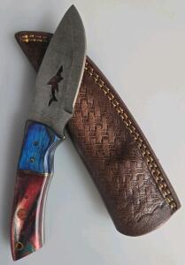 Custom Damascus Drop Point Hunting Knife, Mosaic Pin Handle, Leather Sheath, 8.5" Overall