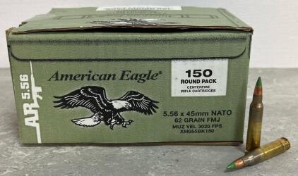 American Eagle XM855 5.56x45MM NATO 62Gr FMJ Green Tip 150 Round Box, 3020 FPS, Brass Case