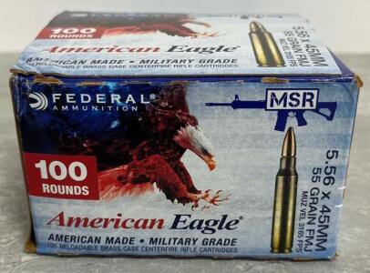 Federal American Eagle 5.56x45MM 55Gr FMJ, 100 Rounds, Brass Case, Lot SMQ20F815-606