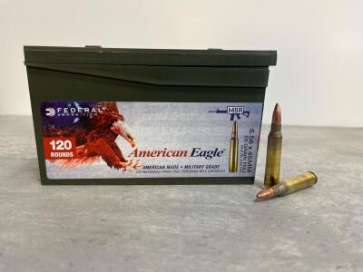 Federal American Eagle 5.56x45MM NATO 55 Grain FMJ, 120 Rounds, Brass, Steel Ammo Can