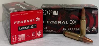 (2) Federal American Eagle 5.7x28MM 40Gr FMJ Brass Centerfire 50rd Boxes, 100 Rounds