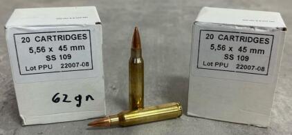 PPU 5.56x45mm NATO SS109, 62gr FMJ, (2) 20-Round Box, Lot PPU 22007-08