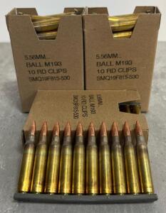 Lake City SMQ 5.56x45mm M193 Ball, 55gr FMJ, 3 10-Round Stripper Clips per box, Lot SMQ19F815-530 (3 boxes in total)