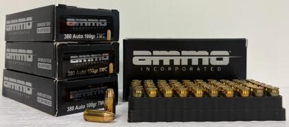 (4) Boxes Ammo Inc 380 Auto 100gr TMC, 189 Rounds, Brass Case, USA Made, Signature Line Handgun Ammo