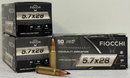 Fiocchi Hyperformance 5.7x28mm 40gr Tipped Hollow Point, Brass, 3 Boxes (150 Rounds), USA