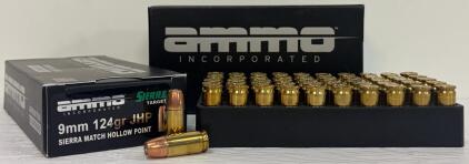 (2) Boxes Ammo Inc Sierra Target 9mm 124gr JHP, 100 Rounds, Brass Case, New in Box, Made in USA