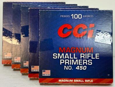(5) Boxes CCI Magnum Small Rifle Primers No. 450, 100 Count Boxes