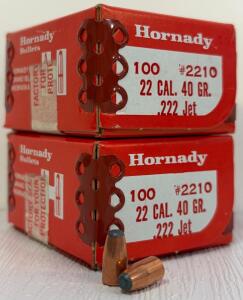Hornady .22 Cal 40gr Soft Point #2210 Bullets, .224" Diameter, .222 Jet, 2 Boxes (200 Total)