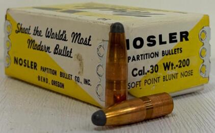 Nosler Partition .30 Cal 200gr Soft Point Blunt Nose Bullets, Vintage Box, Bend Oregon