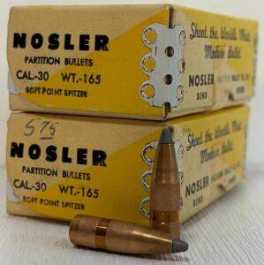 2 Boxes Vintage Nosler Partition .30 Cal 165gr Soft Point Spitzer Bullets, Original Box, Bend OR