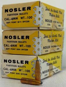 (3) Boxes Vintage Nosler Partition 6mm (.243) 100gr Soft Point Bullets, Opened, Original Box