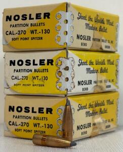 Nosler Partition .270 Cal 130gr Soft Point Spitzer Bullets, 3 Boxes (150 Rounds)