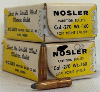 (2) Boxes Vintage Nosler Partition .270 Cal Bullets, 160gr Soft Point Spitzer, Original Bend Oregon Box